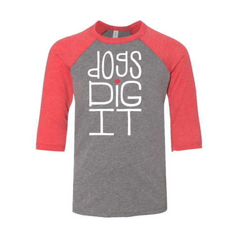 Dogs Dig It - 3/4 Sleeve Raglan T-Shirt Heather Grey and Red